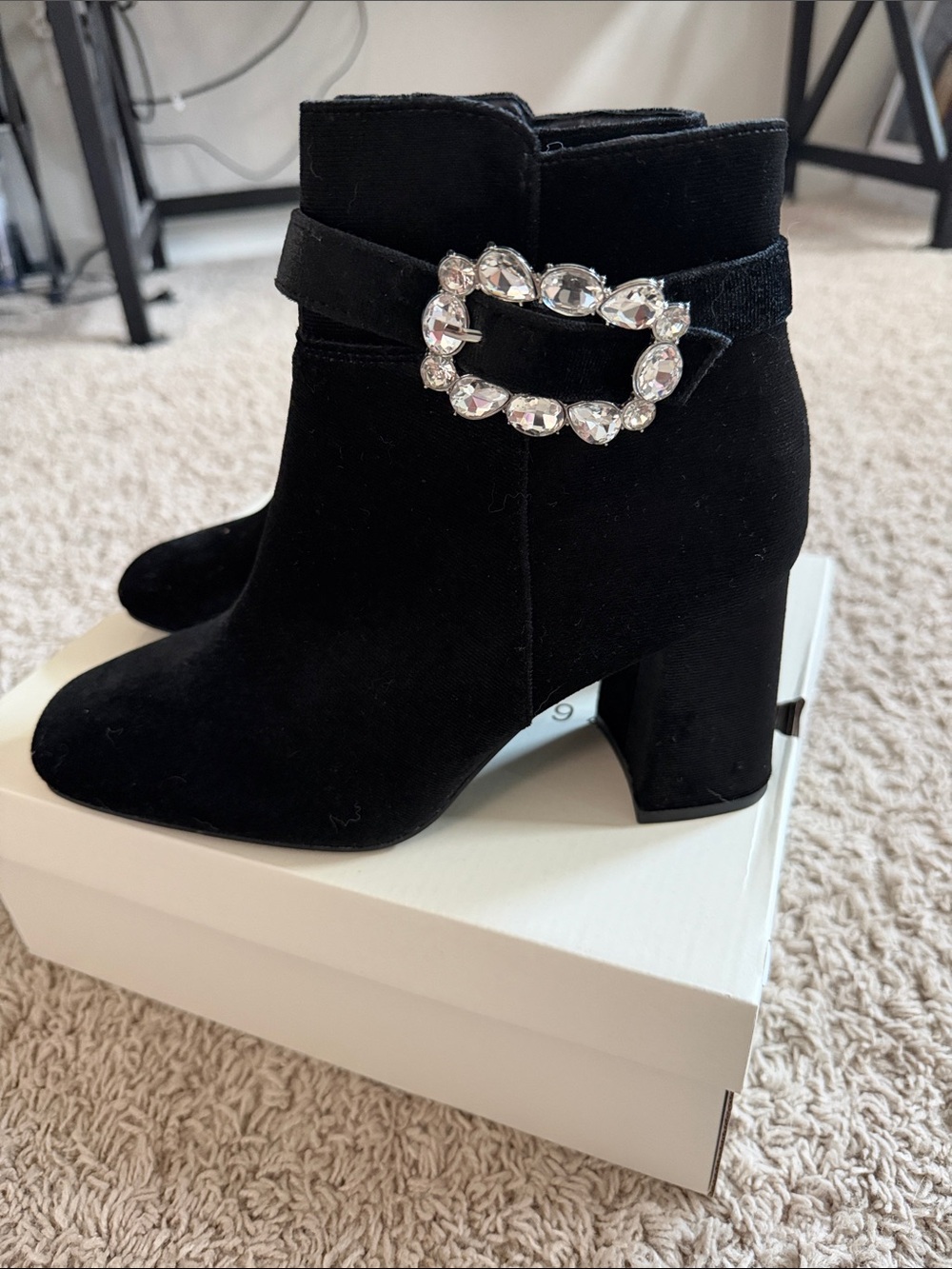 Cato Black Velvet Ankle Boots with Gem Buckle